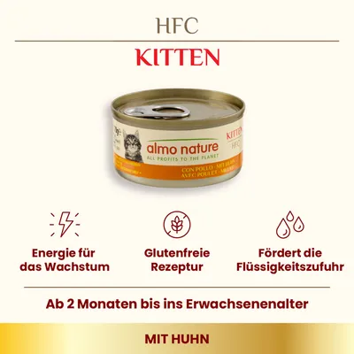 Almo Nature HFC Kitten Nassfutter mit Huhn. Energie für das Wachstum, glutenfreie Rezeptur, fördert die Flüssigkeitszufuhr. Geeignet ab 2 Monaten bis ins Erwachsenenalter.