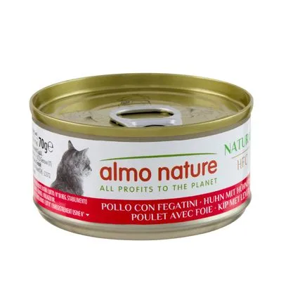almo nature kattenvoer blik 70g, tekst: ALL PROFITS TO THE PLANET, kip met lever, afbeelding van kat op etiket