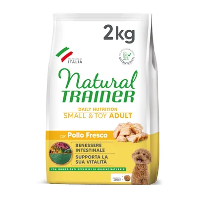 Natural Trainer Small & Toy Adult, 2kg, con pollo fresco. Favorece la salud intestinal y la vitalidad. Elaborado en Italia con ingredientes naturales.