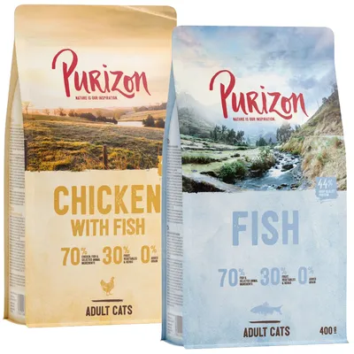 Purizon Trockenfutter für erwachsene Katzen. Sorten: Chicken with Fish und Fish. 70% tierische Zutaten, 30% Obst, Gemüse & Kräuter, 0% Getreide. Packungsgrösse: 400g.