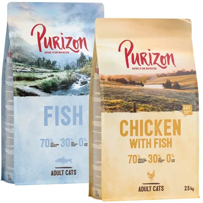 Purizon FISH e Purizon CHICKEN WITH FISH per gatti adulti, 70% pollo/pesce, 30% frutta/verdura/erbe, 0% cereali. Confezioni da 1,25 kg e 2,5 kg visibili.