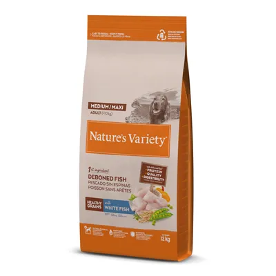 Nature's Variety droogvoer voor middelgrote en grote honden vanaf 10 kg, hoofdingrediënt ontgrate vis, met gezonde granen en witvis. Verpakking 12 kg, recyclebaar.