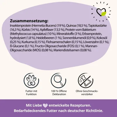 Zusammensetzung: Insektenprotein, Quinoa, Tapiokastärke, Kürbis, Apfelfaser, Bakterienprotein, Mineralstoffe, Erbsenprotein, Heidelbeeren, Sonnenblumenöl, Kokosöl, Kurkuma u.a. Zusammensetzung: Insektenprotein, Quinoa, Tapiokastärke, Kürbis, Apfelfaser, Bakterienprotein, Mineralstoffe, Erbsenprotein, Heidelbeeren, Sonnenblumenöl, Kokosöl, Kurkuma u.a.