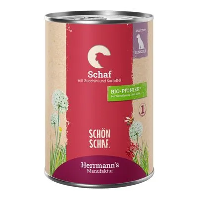 Herrmann's Manufaktur Schaf met Zucchini und Kartoffel, BIO-PIONIER bij diervoeding, SCHÖN SCHAF, Selection Sensible. Tekst in het Duits.