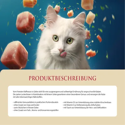Produktbeschreibung: Ausgewogene Ernährung für Katzen. Raffinierte Portionen ohne Soja, Zucker, Farb-, Aroma- und Konservierungsstoffe. Mit Vitaminen D3, E und Taurin für Gesundheit.