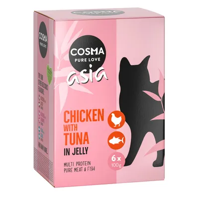 Cosma Pure Love Asia Chicken with Tuna in Jelly, 6 x 100 g. Multi protein, pure meat & fish felirat látható a csomagoláson.