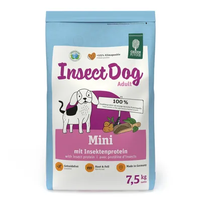 Green Petfood InsectDog Adult Mini, 7,5 kg, avec protéine d’insectes, sans céréales, pour peau et pelage, fabriqué en Allemagne. Texte multilingue visible sur l’emballage.