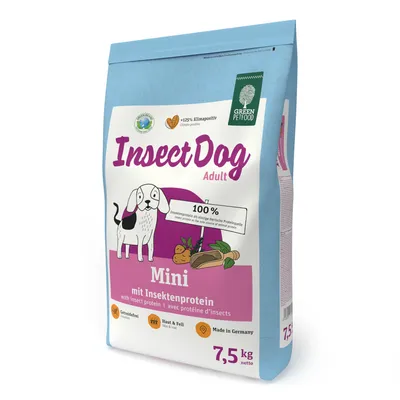 Sac de croquettes Green Petfood InsectDog Adult Mini, 7,5 kg, avec protéine d’insectes, sans céréales, pour peau et pelage, fabriqué en Allemagne. Texte visible en allemand et anglais.