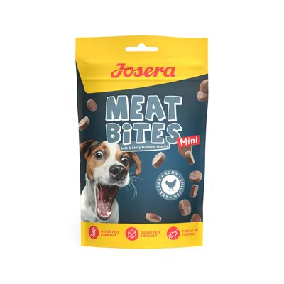 Josera Meat Bites Mini, friandises d’entraînement pour chien, poulet. Mentions visibles : grain free formula, sugar free formula, perfect for training. Texte en anglais.