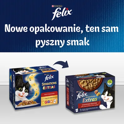 Purina Felix Sensations Extras – nowe opakowanie, ten sam pyszny smak. Widoczne dwa warianty pudełek karmy dla kotów: Meaty Selection i Countryside Selection po 12 saszetek.