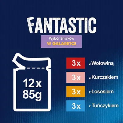 Fantastic Wybór Smaków w galaretce, 12 x 85 g: 3 x z wołowiną, 3 x z kurczakiem, 3 x z łososiem, 3 x z tuńczykiem. Zestaw saszetek.