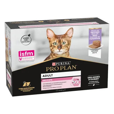 Purina Pro Plan Adult Delicate храна за котки, богата на пуйка, без добавени оцветители, ISFM-сертифицирана, рециклируема опаковка, 12x85g.