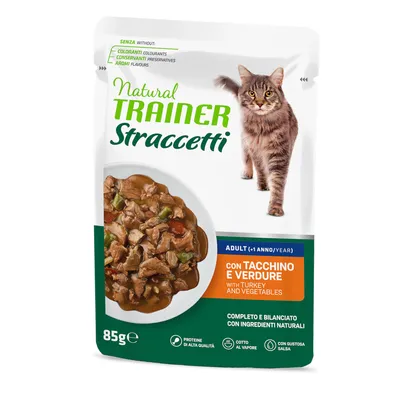 Natural Trainer Straccetti Adult (+1 år) med kalkun og grøntsager, 85g. Uden farvestoffer, konserveringsmidler og aromaer. Komplet og afbalanceret med naturlige ingredienser.