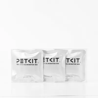 Sachets PETKIT PET ODOR ELIMINATOR N50, poids net 35g chacun, emballage de trois unités visibles.