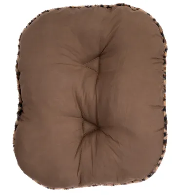 Brown, padded cushion with leopard print on the edges. Rectangular shape and visible seams in the centre.