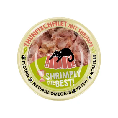 Filetto di tonno con gamberetti. Proteine, omega-3 naturali, umidità, gustoso. Logo Lucky Lou con gatto nero.