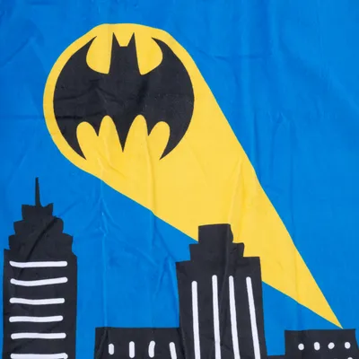 Batman symbol in yellow beam of light above a stylised skyline on blue background.