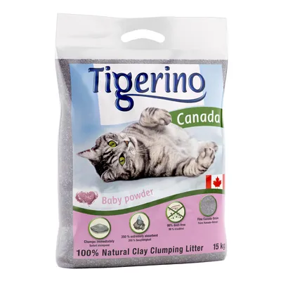 Sac de litière Tigerino Canada Baby powder, 100 % Natural Clay Clumping Litter, 15 kg, drapeau canadien, texte : 350 % extremely absorbent, 99 % dust-free, Fine Canada Grain.