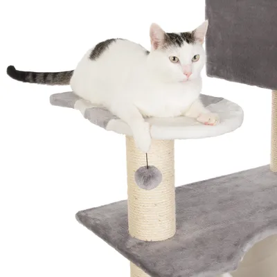 Arbre à chat en tissu gris avec plateforme, poteau en sisal et balle suspendue. Chat blanc tigré allongé sur la plateforme supérieure.