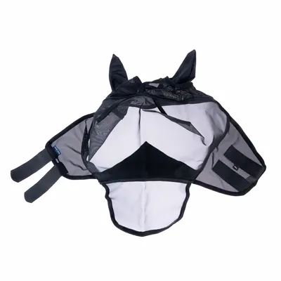 Schwarze und weisse Fliegendecke mit Ohrenabdeckung aus Netzmaterial, verstellbare Klettverschlüsse an den Seiten.