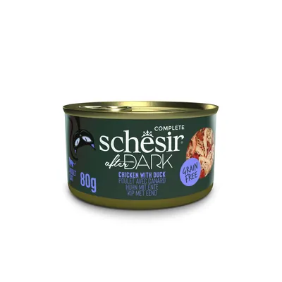 Schesir After Dark Complete, kip met eend, 80g, graanvrij. Afbeelding van een blik kattenvoer.