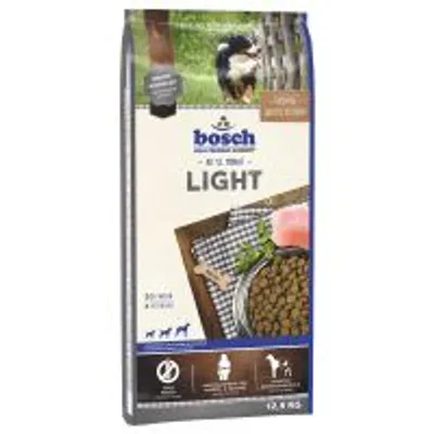 Vreća hrane za pse Bosch Light, vidljiv naziv proizvoda i slika zdjele s granulama, kost i komad mesa, težina 12,5 kg prikazana na pakiranju.