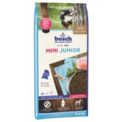 bosch MINI JUNIOR suha hrana za pse, vidljiva slika hrane u zdjelici, tekst: 1–10 kg, 18 mjeseci, 15 kg. Prikaz psa i sastojaka na pakiranju.