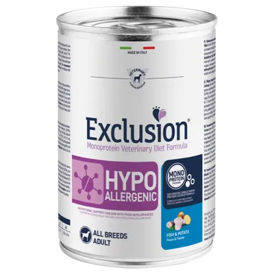 Exclusion Monoprotein Veterinary Diet Formula, hypoallergen våtfoder för hundar med fisk och potatis. Passar alla raser, vuxna. Made in Italy.
