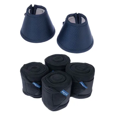 Set di due campanelle per zoccoli blu con struttura a nido d'ape e quattro fasce nere, ciascuna con etichetta Hund Tails.