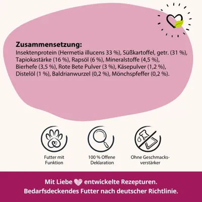 Zusammensetzung: Insektenprotein 33 %, Süßkartoffel 31 %, Tapiokastärke 16 %, Rapsöl 6 %, Mineralstoffe 4,5 %, Bierhefe 3,5 %, Rote Bete Pulver 3 %, Käsepulver 1,2 %, weitere Zutaten.