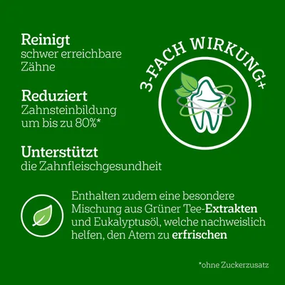 3-fach Wirkung: Reinigt schwer erreichbare Zähne, reduziert Zahnsteinbildung um bis zu 80%, unterstützt die Zahnfleischgesundheit. Mit Grüntee-Extrakt und Eukalyptusöl für frischen Atem.