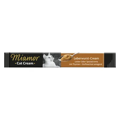 Miamor Cat Cream Leberwurst-Cream, pastă pentru pisici. Text vizibil: Lecker-Leber Spezialcreme mit Thymian • Stoffwechsel anregend.