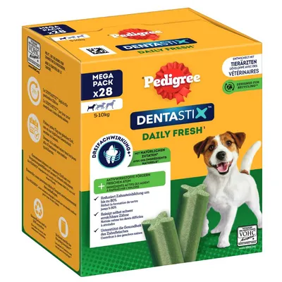 Caja Pedigree Dentastix Daily Fresh, mega pack x28 para perros de 5–10 kg. Texto visible: 'Desarrollado con veterinarios', 'VOHC Accepted', ingredientes naturales, reduce sarro hasta 80 %