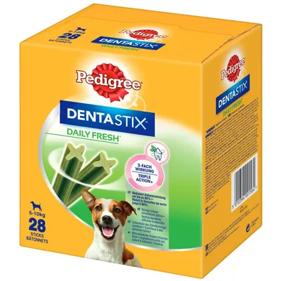 Pedigree Dentastix Daily Fresh für Hunde von 5-10kg, 28 Sticks. Mit 3-fach Wirkung: reduziert Zahnsteinbildung, reinigt Zähne und erfrischt den Atem.