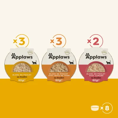Applaws Natural Cat Food : 3x poulet en bouillon, 3x poulet avec œuf de thon en bouillon, 2x poulet avec canard en bouillon, chaque 60 g. Au total 8 barquettes.