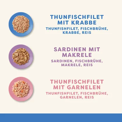 Produktbeschreibung: Thunfischfilet mit Krabbe, Sardinen mit Makrele, Thunfischfilet mit Garnelen. Zutaten: Thunfischfilet, Fischbrühe, Krabbe, Reis; Sardinen, Fischbrühe, Makrele, Reis; Garnelen, Reis.