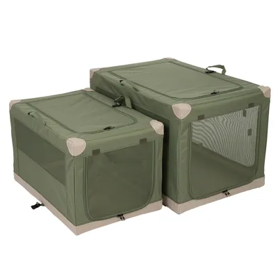 Dos cajas de transporte plegables verdes con ventanas de malla y asas de transporte, aptas para mascotas. Cierres visibles en la parte superior y frontal.