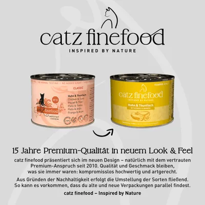 catz finefood Huhn & Thunfisch im neuen und alten Verpackungsdesign. Hinweis: Umstellung auf neues Design, Qualität bleibt unverändert hochwertig. Beide Dosen können parallel vorkommen. catz finefood Huhn & Thunfisch im neuen und alten Verpackungsdesign. Hinweis: Umstellung auf neues Design, Qualität bleibt unverändert hochwertig. Beide Dosen können parallel vorkommen.