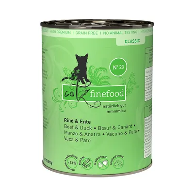 Konzerva catz finefood No 23 Rind & Ente, Classic, nápisy: High Premium, Grain Free, No Animal Testing, obsahuje hovězí a kachnu, bez přidaného cukru, více jazyků na obalu.