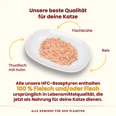 Unsere beste Qualität für Katzen: Thunfisch mit Huhn, Fischbrühe und Reis. HFC-Rezepturen mit 100% Fleisch oder Fisch in Lebensmittelqualität. Alle Gewinne für den Planeten.