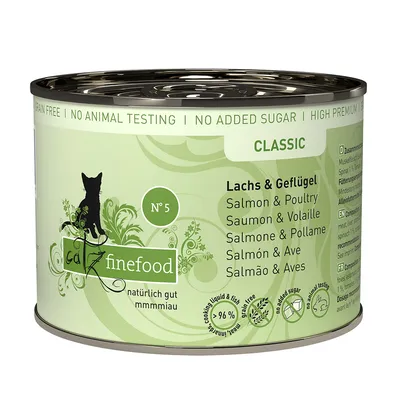 Catz finefood Classic Nr. 5, lax och fågel, spannmålsfri, utan tillsatt socker, inga djurförsök, 96 % köttandel.