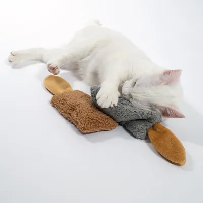 Gato blanco juega con dos juguetes de peluche en marrón y gris, ambos con orejas largas.