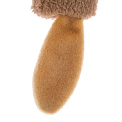 Juguete de peluche con pelaje marrón y beige, apto para mascotas.