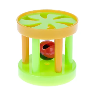 Toy made of plastic with green and orange design, red ball inside. Suitable for interactive play.