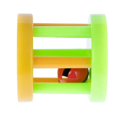 Toy roll made of plastic in yellow and green with a red bell inside.