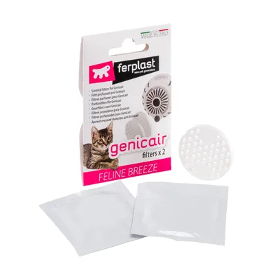 Ferplast Genicair filtre x2 pentru Feline Breeze, filtre aromatizate. Fabricat în Italia. Ambalaj cu două filtre albe și pungi vizibile.