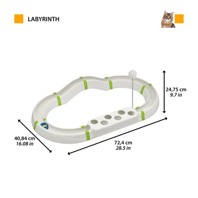 Jucărie tip labirint cu dimensiuni: lungime 72,4 cm, lățime 40,84 cm, înălțime 24,75 cm. Include găuri și arc cu mingea. Potrivită pentru joacă interactivă.