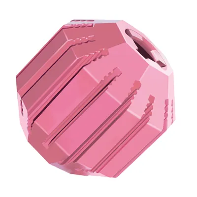 Pink toy ball with textured grooves and opening, suitable for interactive play or filling.