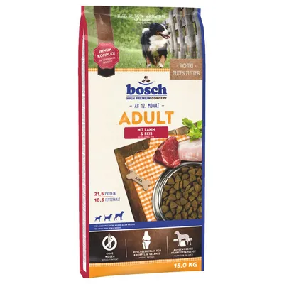 Bosch Adult hrana za pse od 12 mjeseci, s janjetinom i rižom, 15kg. Bez pšenice, ekstrakt školjki za zglobove, uravnotežen sastav hranjivih tvari. Protein 21,5%, udio masti 10,5%.