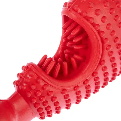 Rødt hundelegetøj af gummi med knopper og integrerede børster til tandrensning.